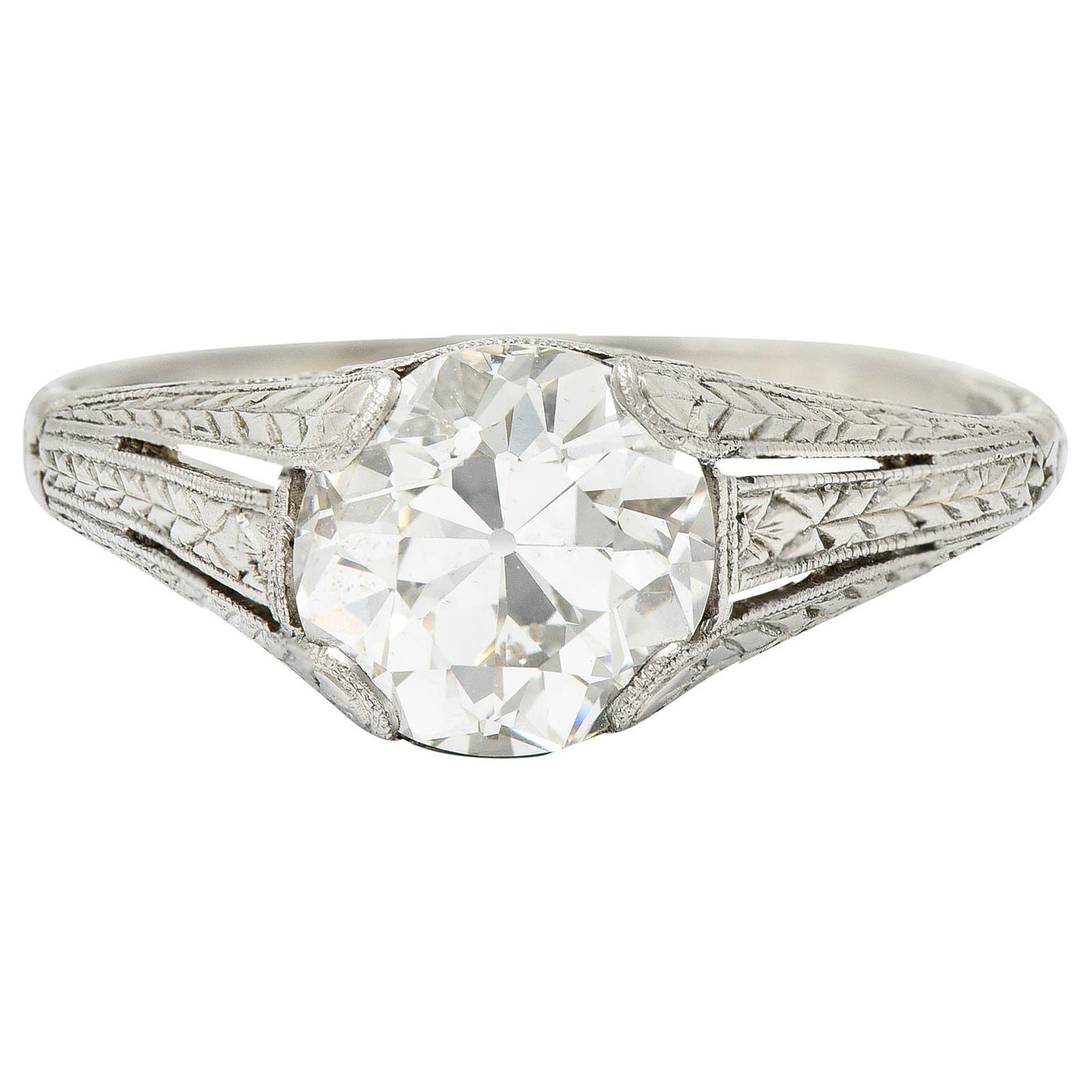 1922 Art Deco 1.79 Carats Diamond Platinum Scrolled Lotus Engagement Ring