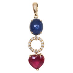 Star Sapphire Cabochon Ruby Heart Diamonds Ring Pendant, 1950