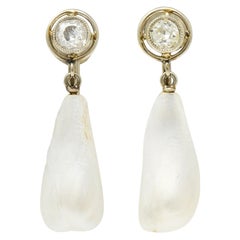 Antique Edwardian Diamond Dogtooth Pearl 18 Karat White Gold Screwback Earrings