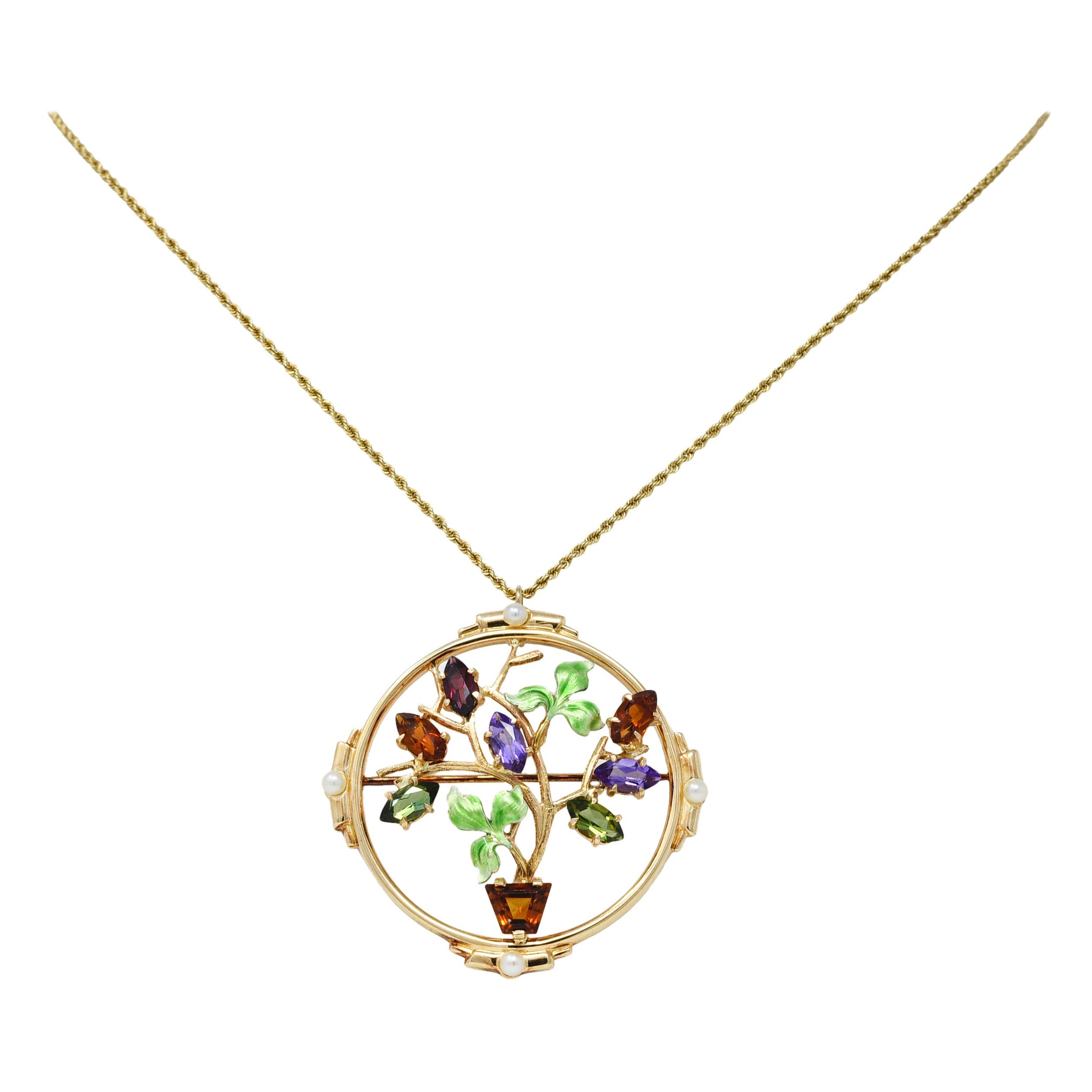 1930's Krementz Enamel Multi-Gem 14 Karat Gold Bouquet Pendant Brooch Necklace