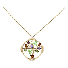 Vintage 1930's Krementz Enamel Multi-Gem 14 Karat Gold Bouquet Pendant Brooch Necklace