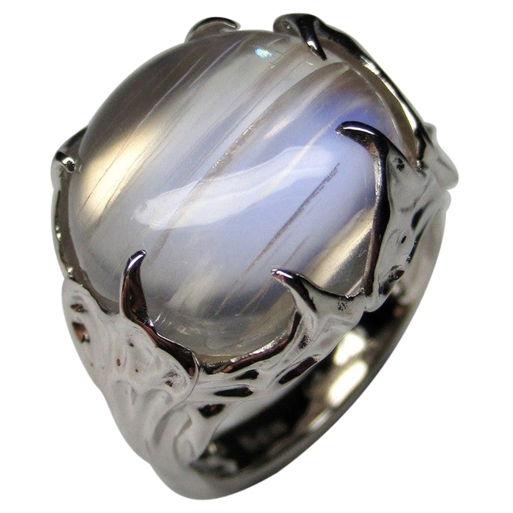 Moonstone White Gold Ring Clear Adularia Natural Burmese Gem For Sale