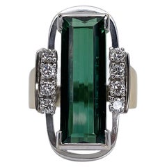 Vintage Art Deco 2, 40ct Green Tourmaline Diamond Rectangle 14K Gold Cocktail Ring