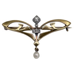Art Nouveau Jugendstil 14K Gold Diamond Natural Pearl Drop Pin Brooch
