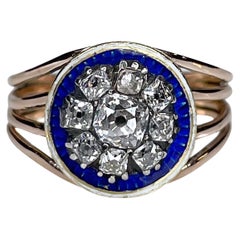 Antique Georgian Round Blue Enamel Old Cut Diamond 9K Yellow Gold Ring