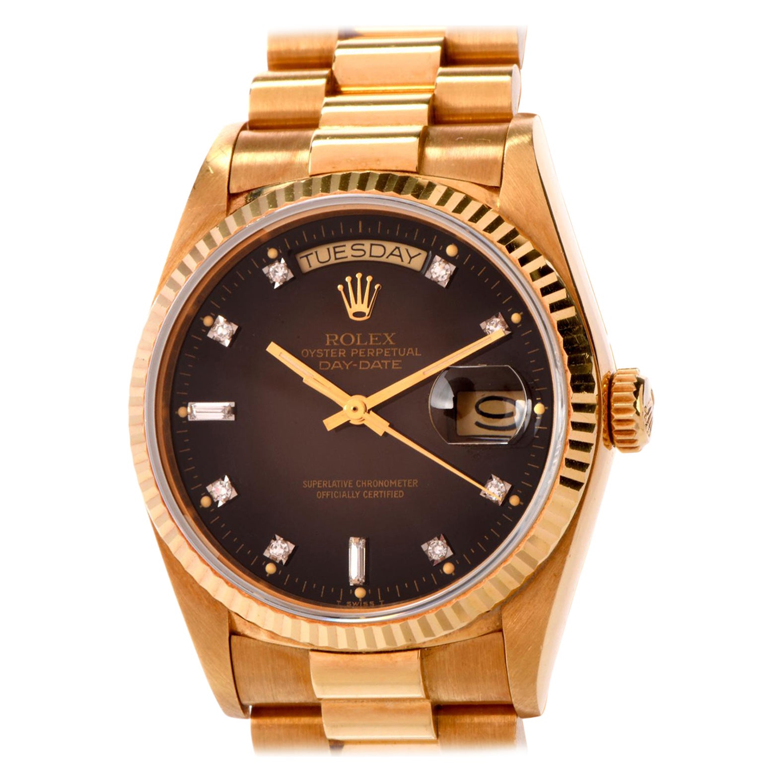 Rolex President Brown Dial Diamond 18K Day Date Watch Ref 18038 For Sale