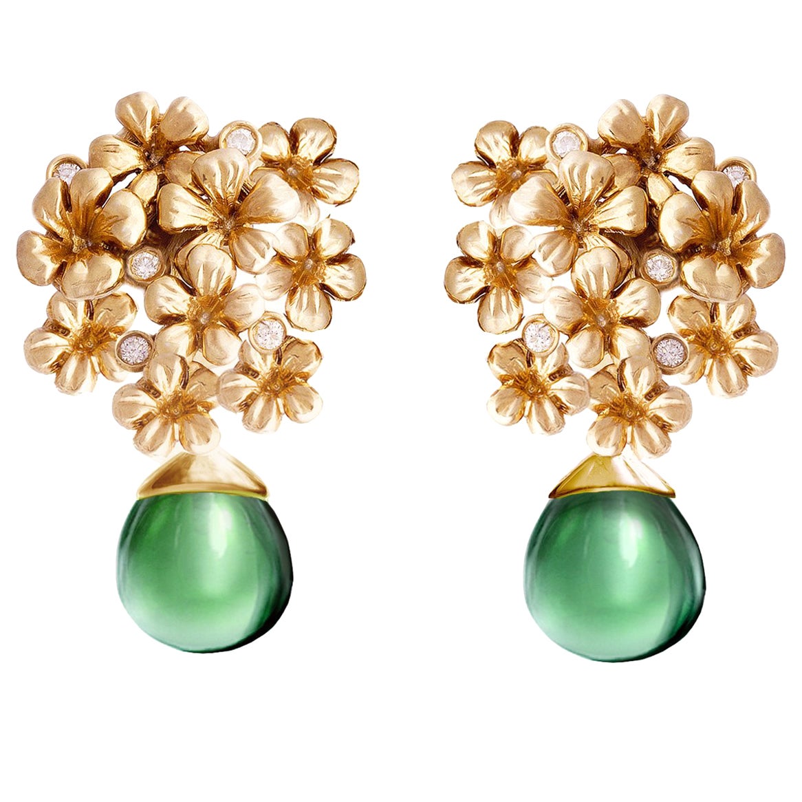 Eighteen Karat Yellow Gold Blossom Contemporary Earrings with Natural Diamonds For Sale