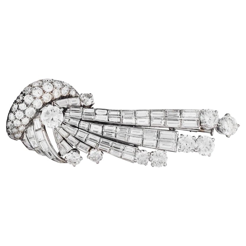 Platinum Round & Baguette Diamond Comet Brooch  For Sale