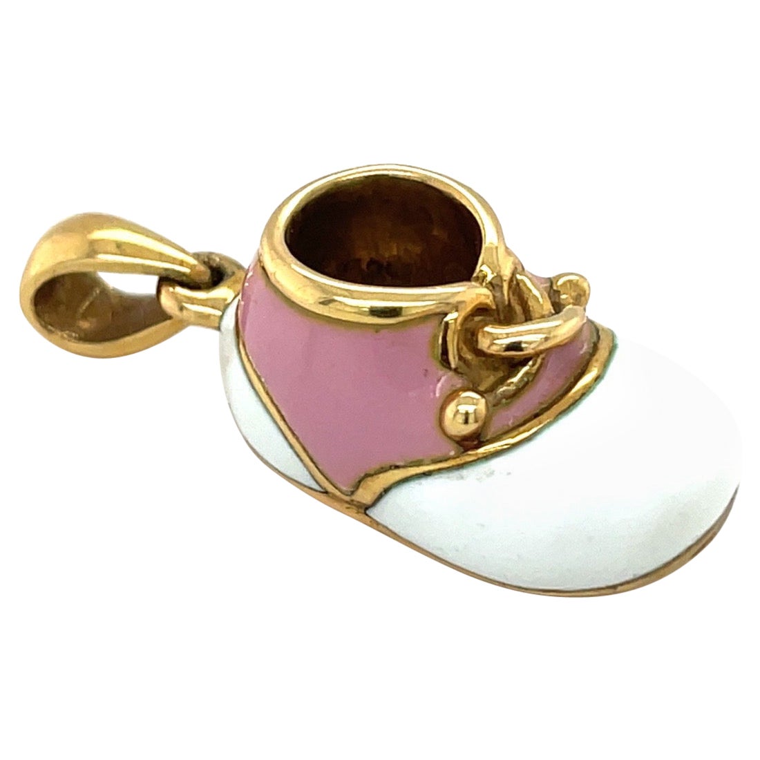 18Kt Yellow Gold Baby Shoe with Pink & White Enamel with Laces For Sale