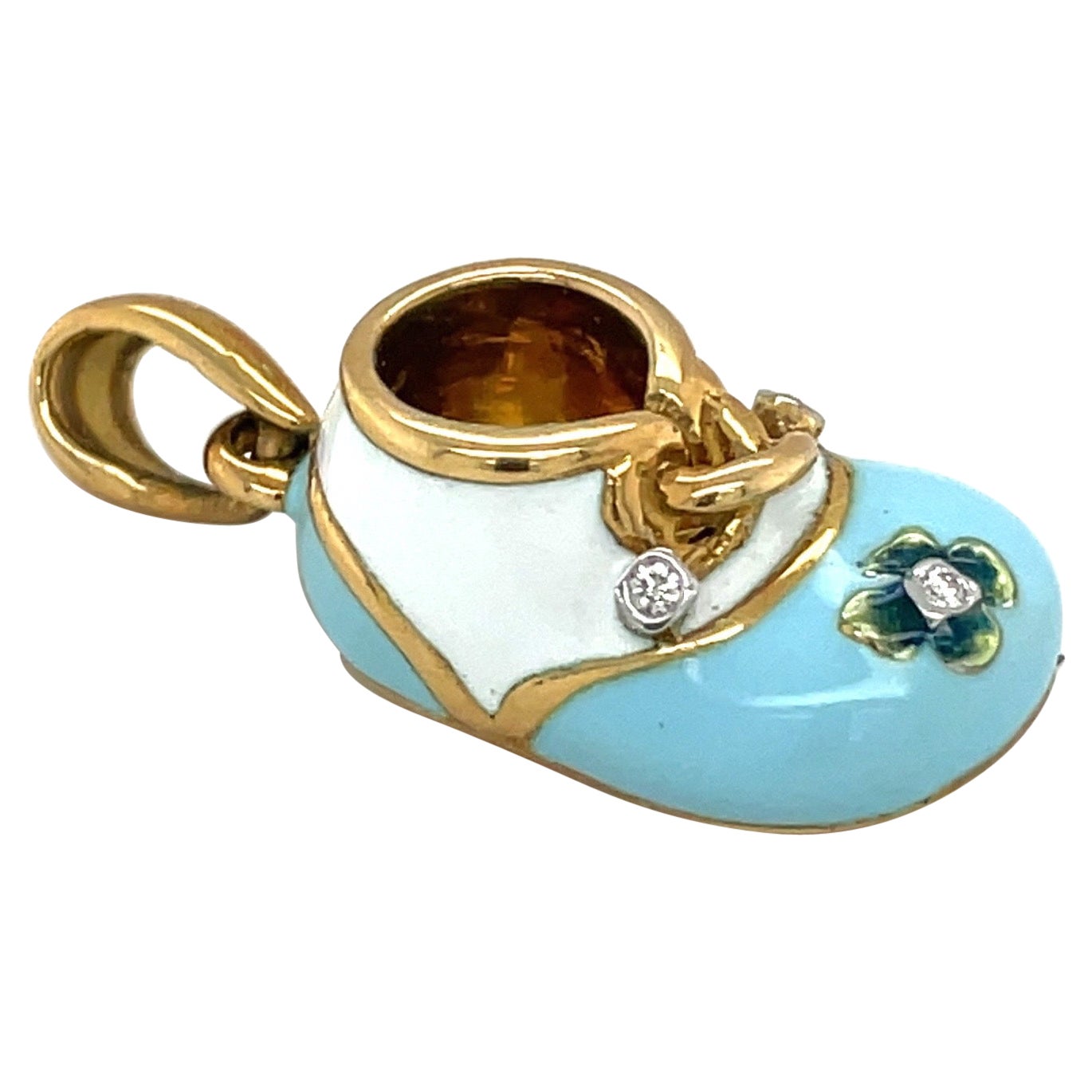 18KT Yellow Gold Baby Shoe with Light Blue /White Enamel Diamond Flower .04Ct For Sale