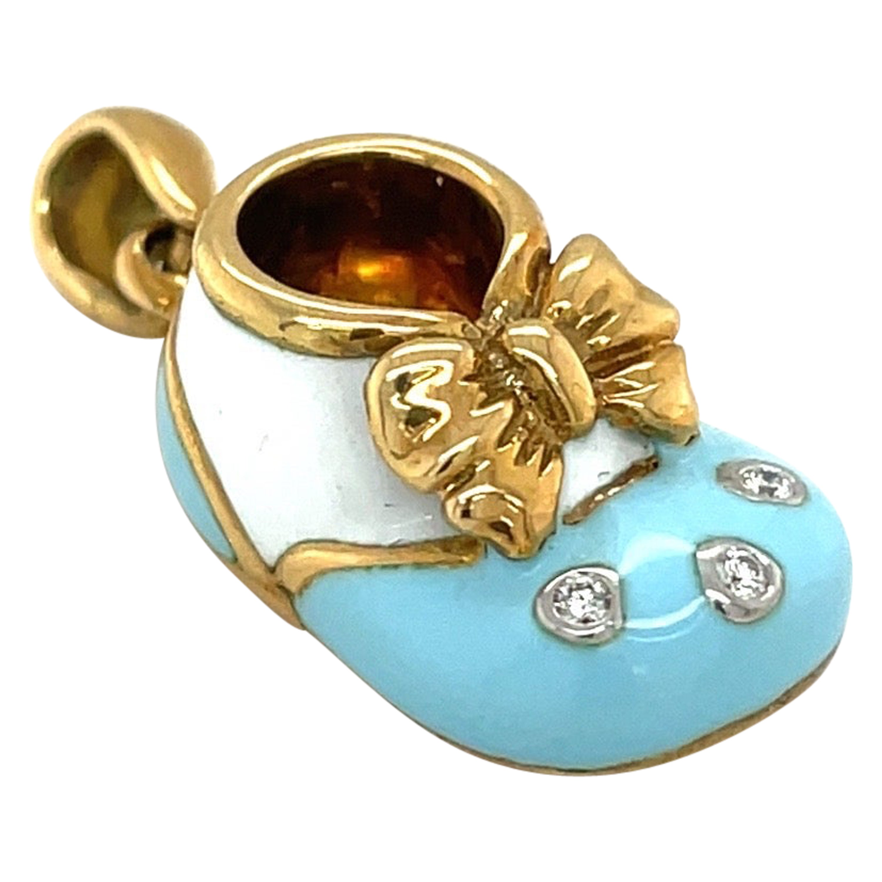 18 KT Yellow Gold Light Blue & White Enamel Baby Shoe Diamond .04ct. and Bow For Sale