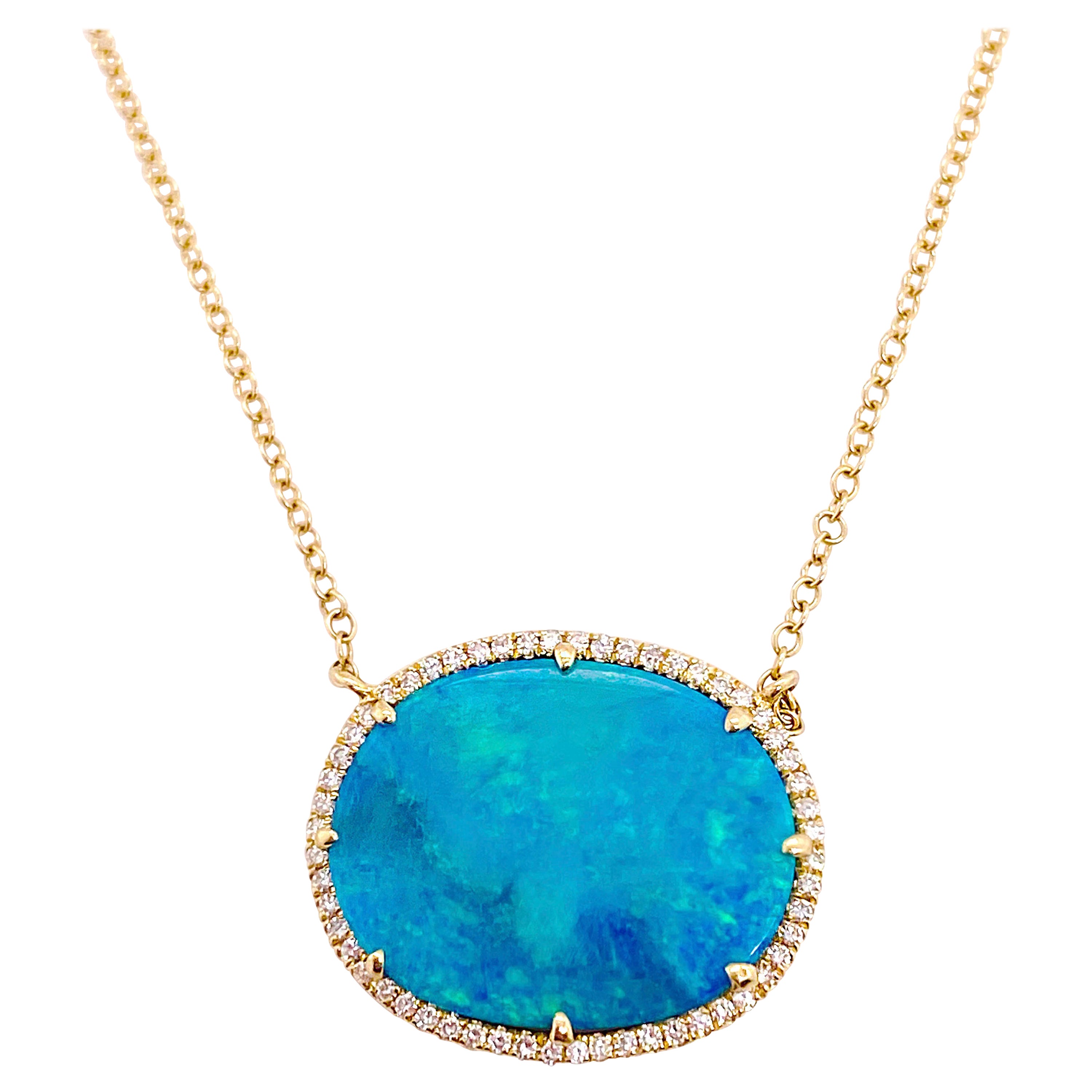 Opal Diamond Necklace, Yellow Gold, Genuine Opal Diamond Halo Pendant 2.97 ct For Sale