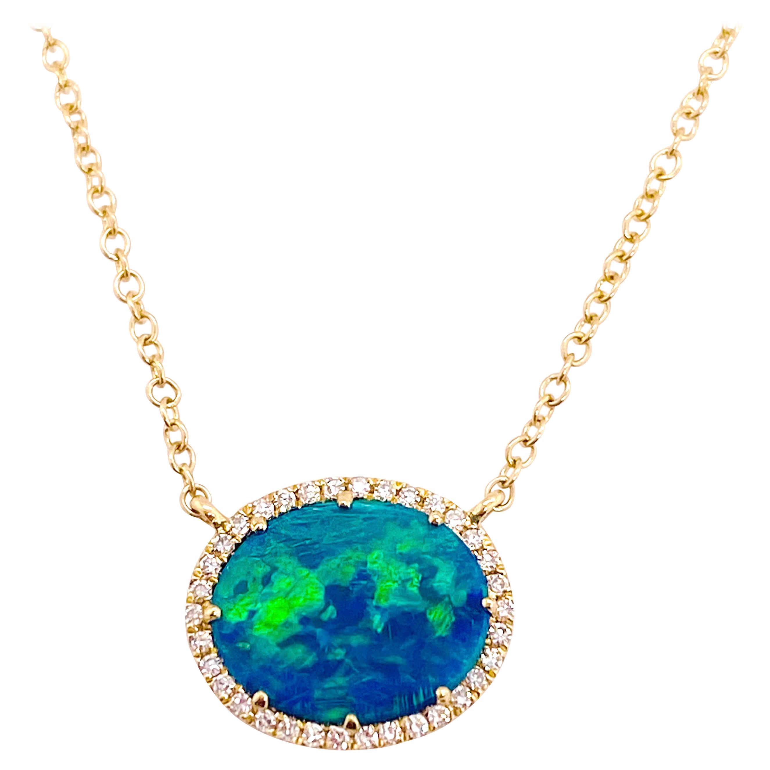 Opal Diamond Necklace, Yellow Gold, Genuine Opal and Diamond Halo Pendant .79 ct For Sale