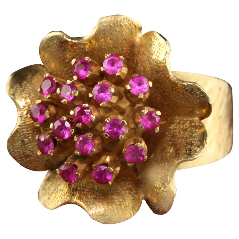 Vintage 14K Yellow Gold Ruby and Engraved Flower Ring at 1stDibs ...