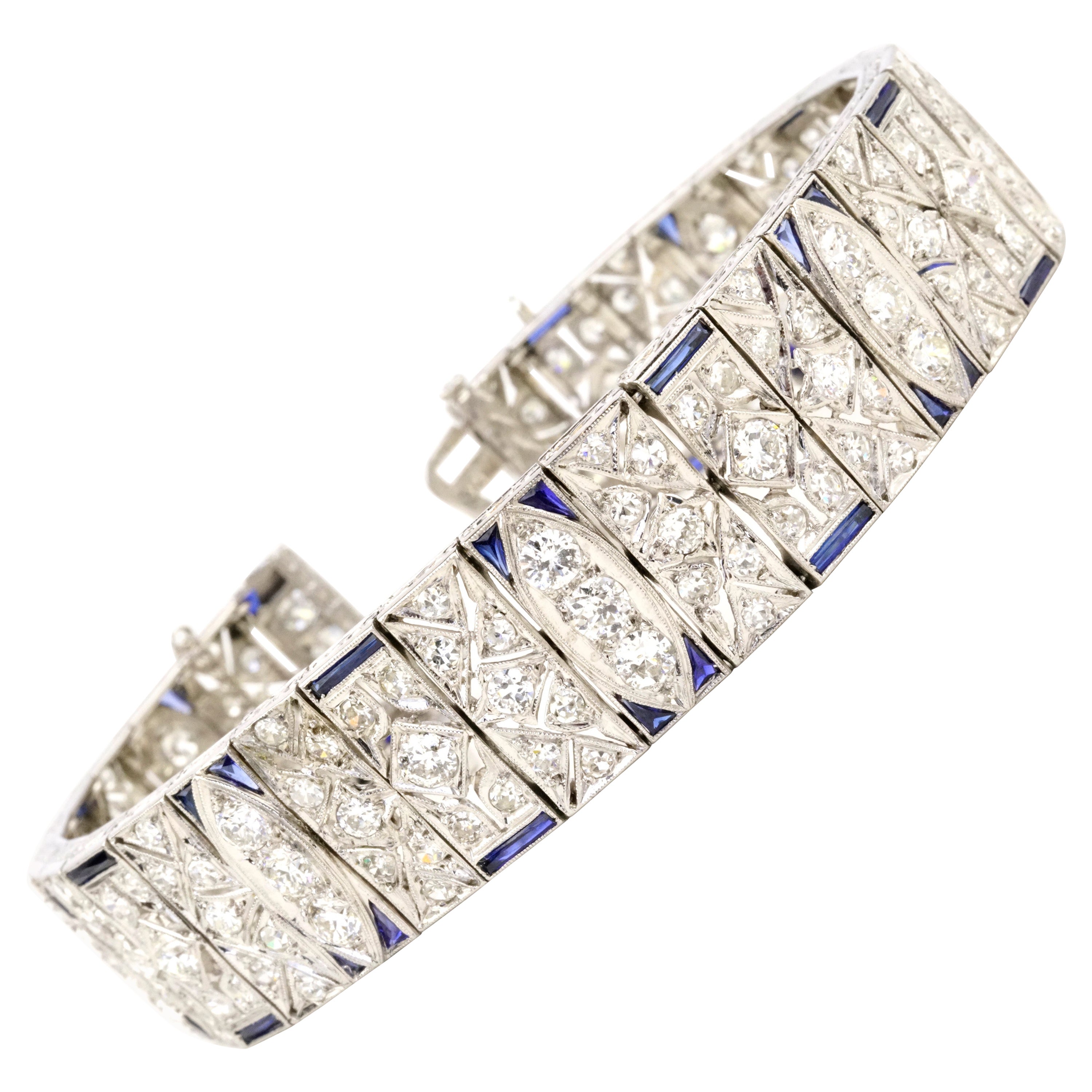 Art Deco 10.01 Carats Old Euro Diamonds and Sapphires Platinum Bracelet