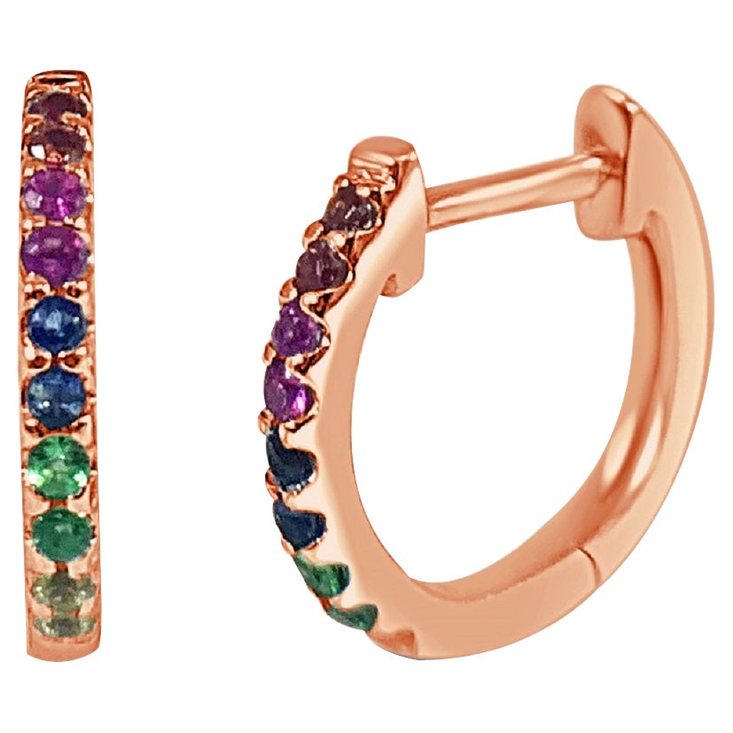 14k Rose Gold 0.18 Carat Rainbow Sapphire Huggie Earrings