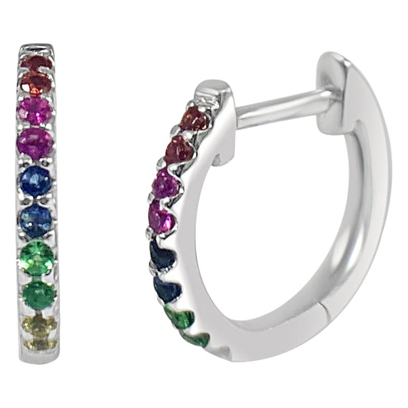 14k White Gold 0.18 Carat Rainbow Sapphire Huggie Earrings