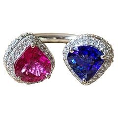 Natural Tanzanite and Rubellite Ring Set in 18 Karat Gold with Diamonds