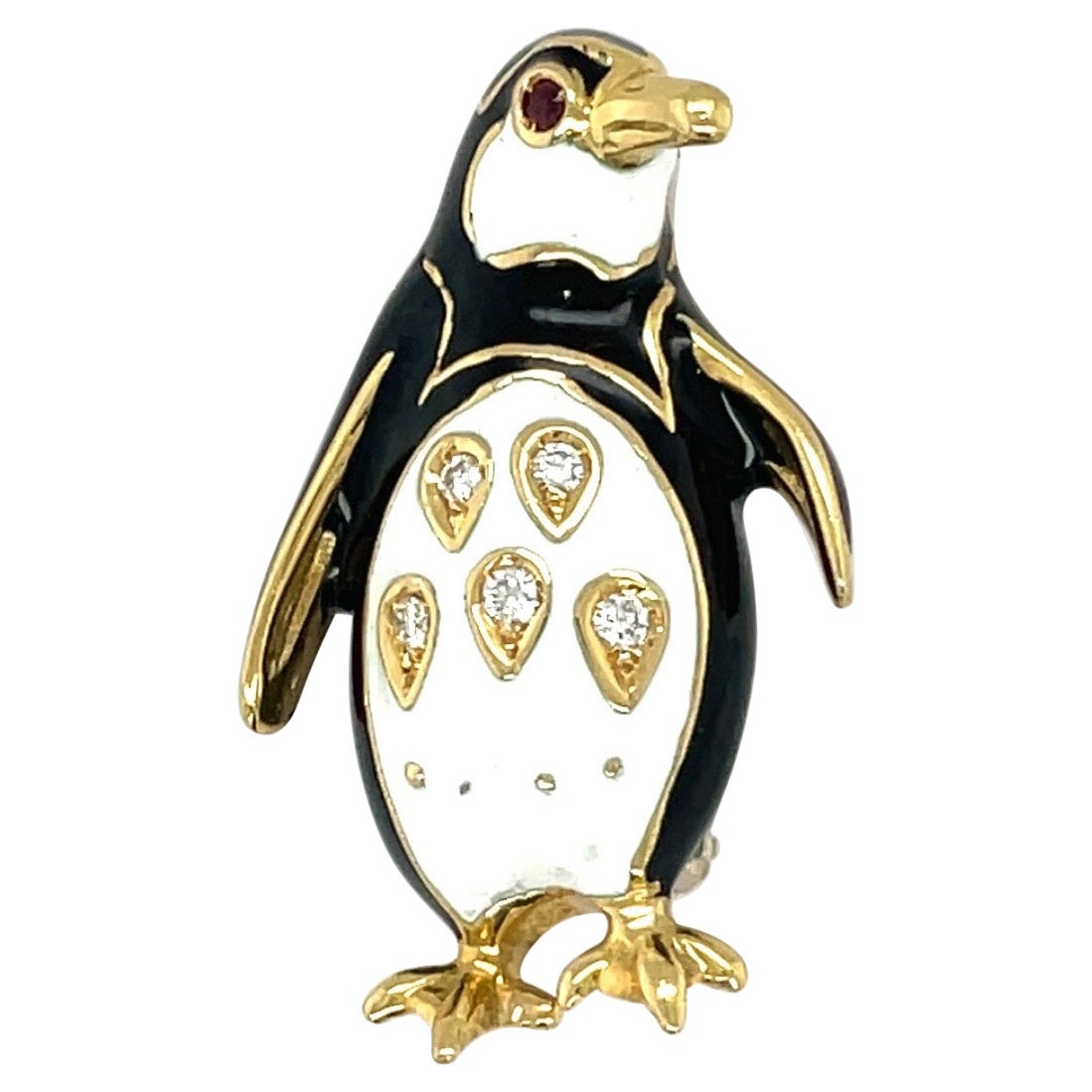 Cellini 18KT Yellow Gold Enamel & Diamond Penguin Brooch