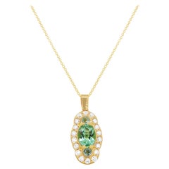 Paraiba Tourmaline Diamond Art Deco Style Round Halo 18K Yellow Gold Pendant