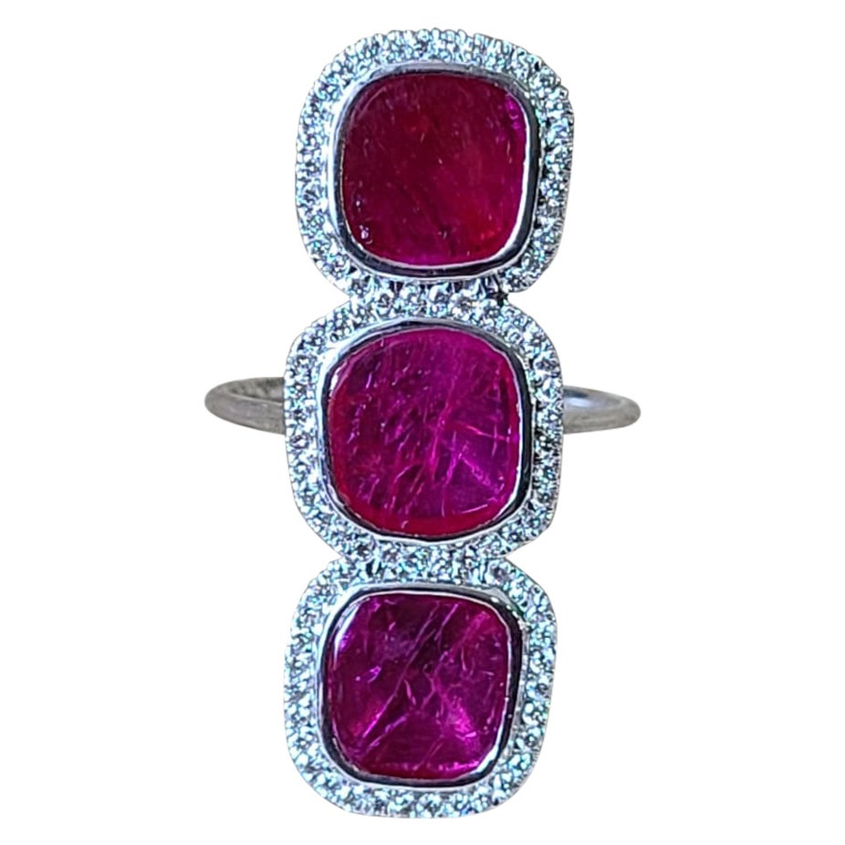 Set in 18K Gold, Mozambique Ruby & Diamonds Cocktail, Three Stone Ring For Sale