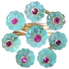 Set in 18K Gold, Carved Russian Emerald, Ruby & Diamonds Cocktail Ring