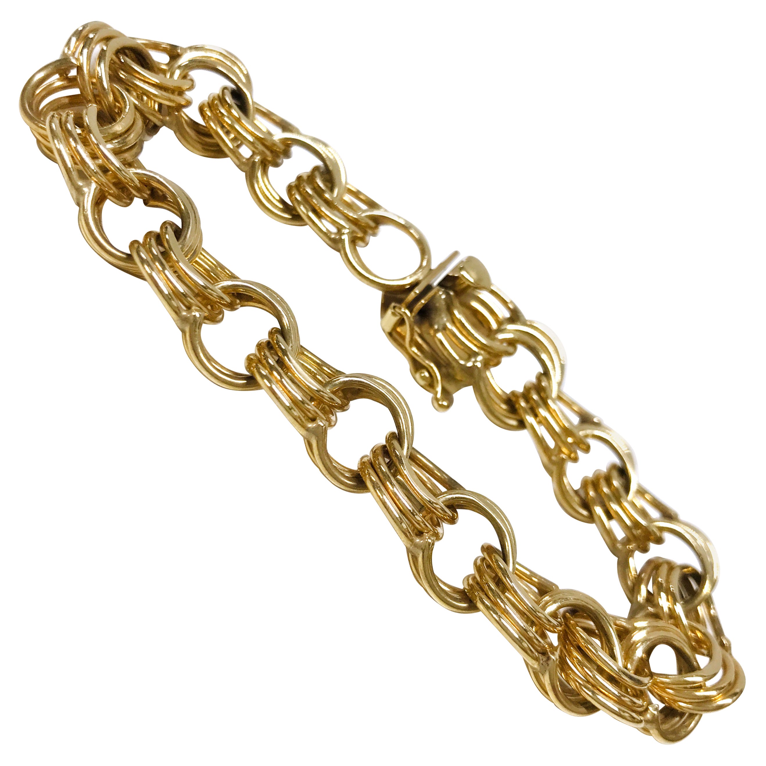 14 Karat Wide Triple Link Charm Bracelet For Sale