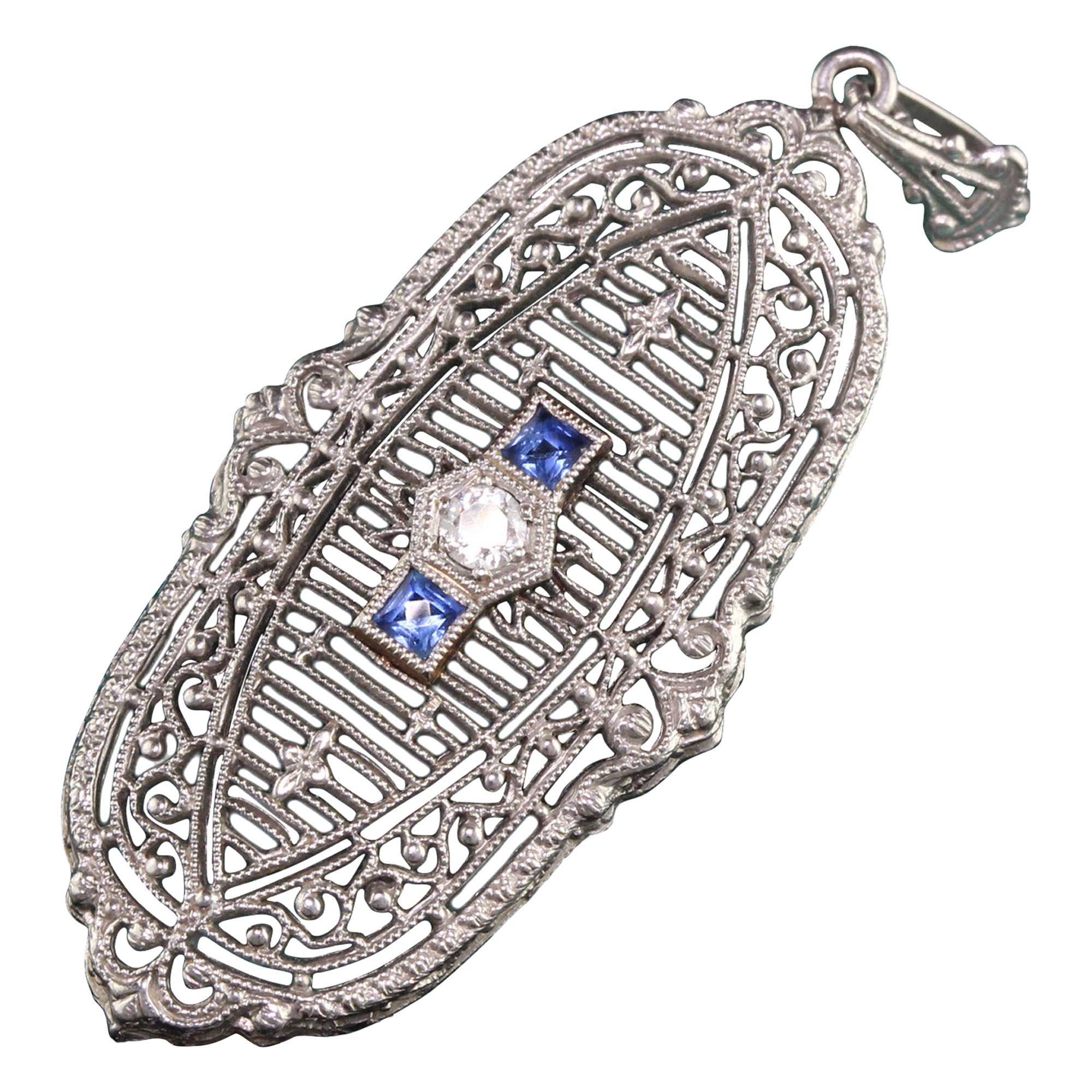 Antique Art Deco Platinum Old European Diamond Sapphire Filigree Pendant