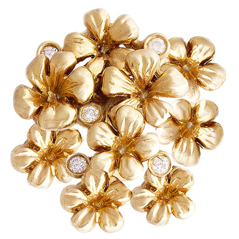 18 Karat Yellow Gold Sculptural Brooch with Diamonds by Artist