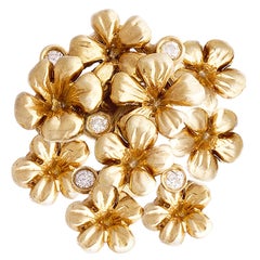 18 Karat Yellow Gold Blossom Baroque Style Brooch with Diamonds by Artist