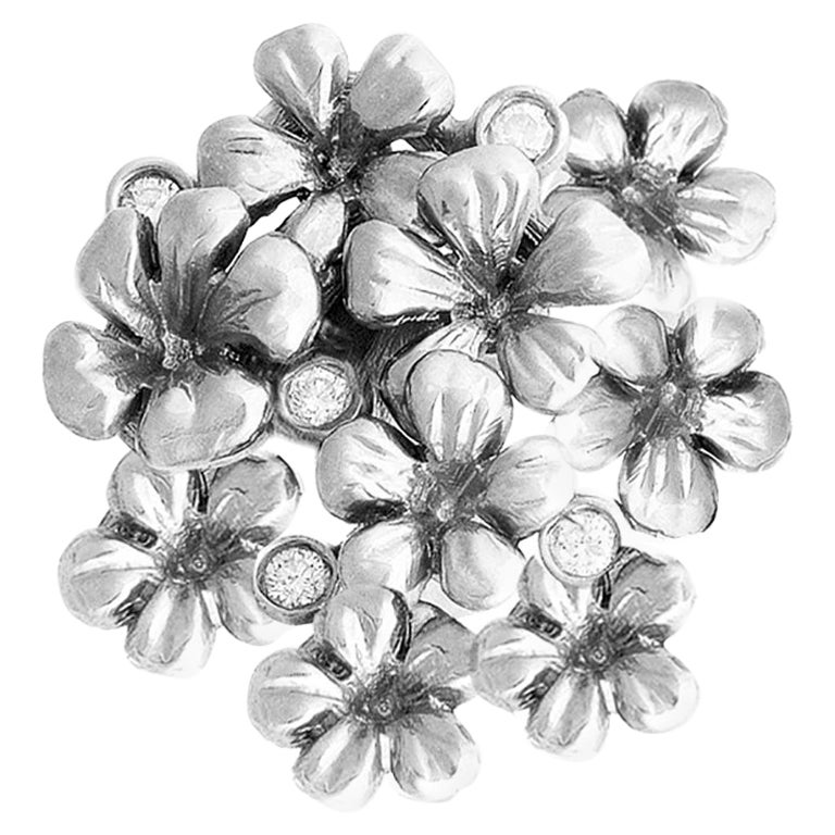18 Kt White Gold Blossom Modern Style Sculptural Brooch with Diamonds by Artist