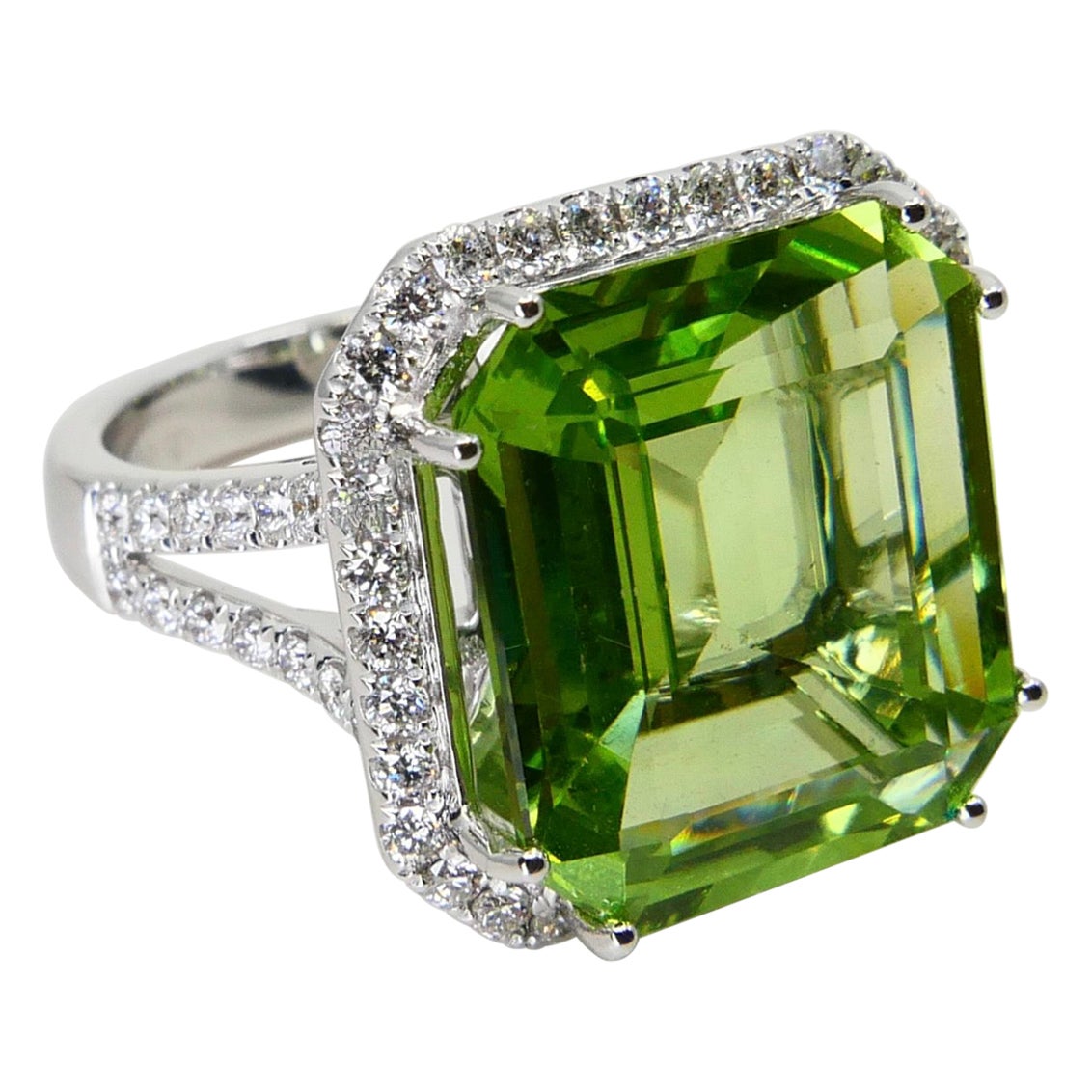 GIA Certified 11 Cts Natural Peridot & Diamond Statement Cocktail Ring, No Heat For Sale