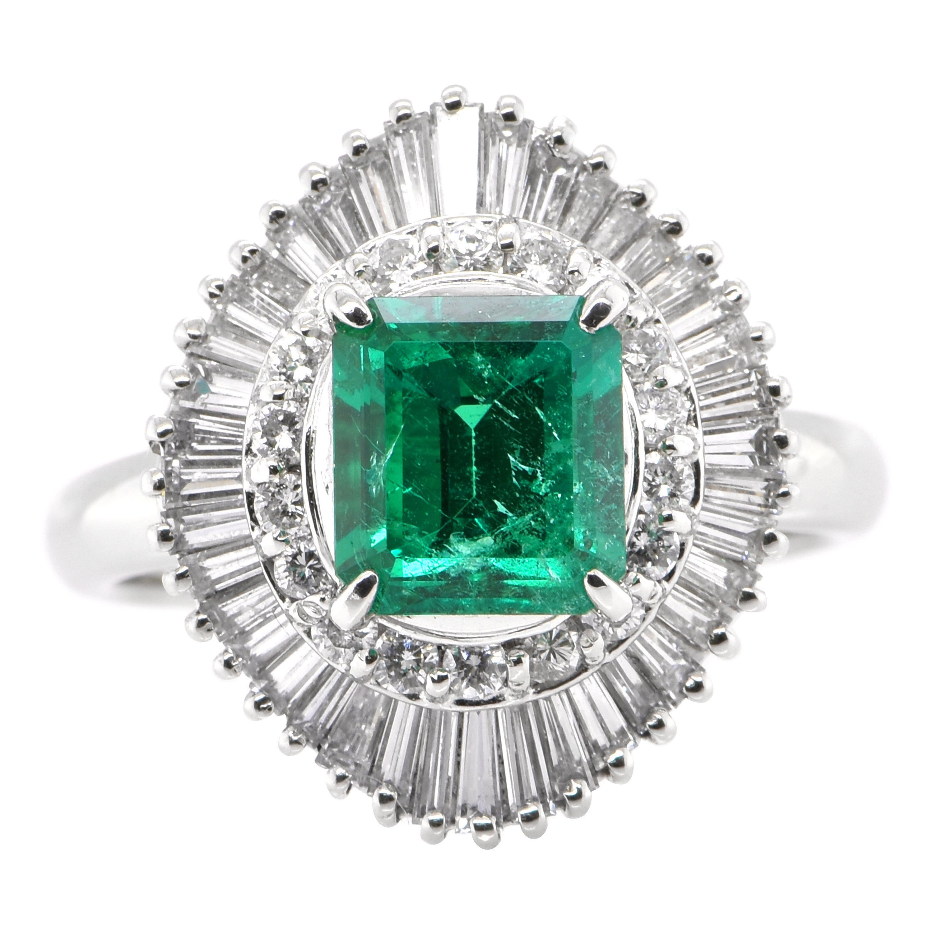 1.66 Carat Natural Emerald and Diamond Ballerina Ring Set in Platinum For Sale