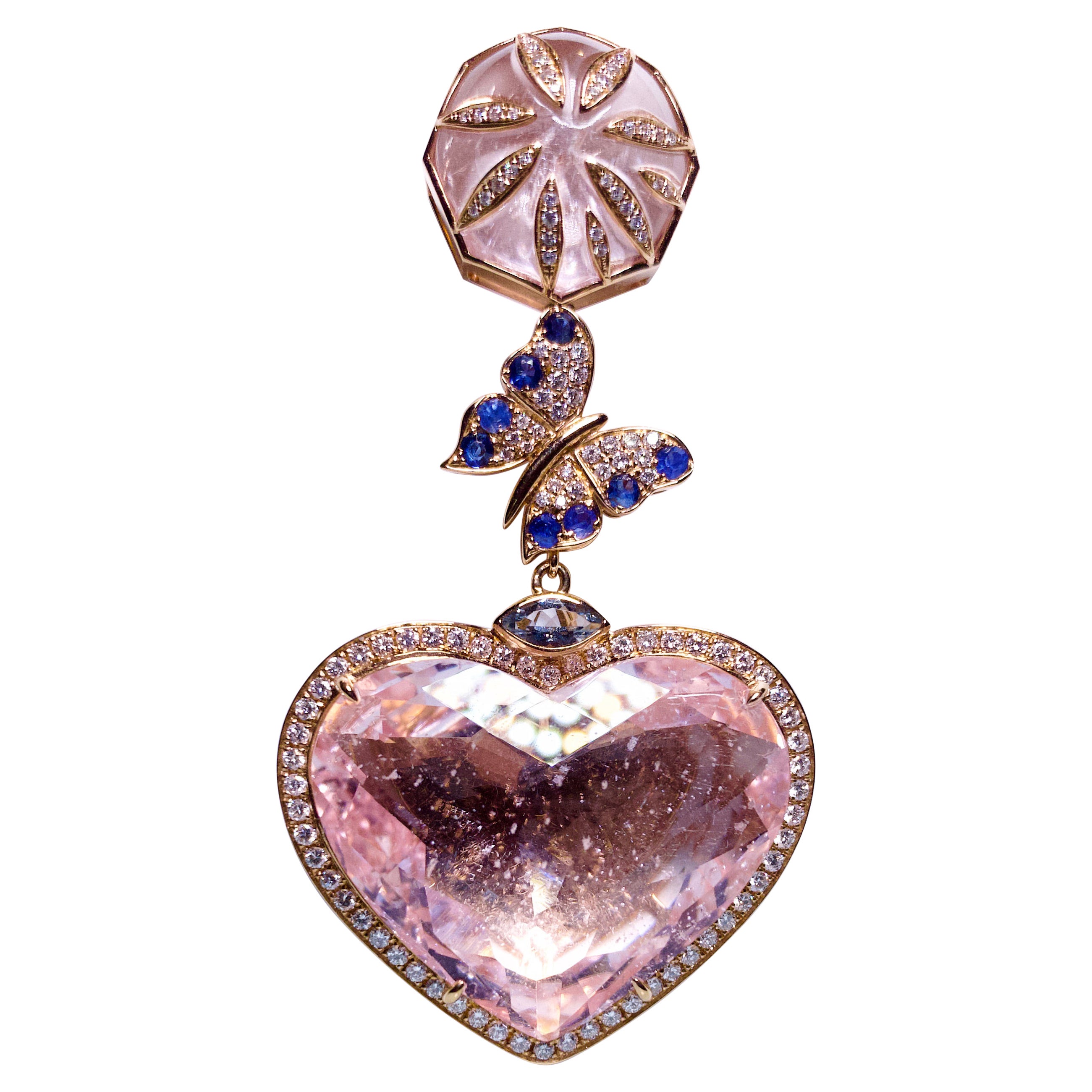 Eostre Morganite, Sapphire and Diamond Pendant in 18K Rose Gold For Sale
