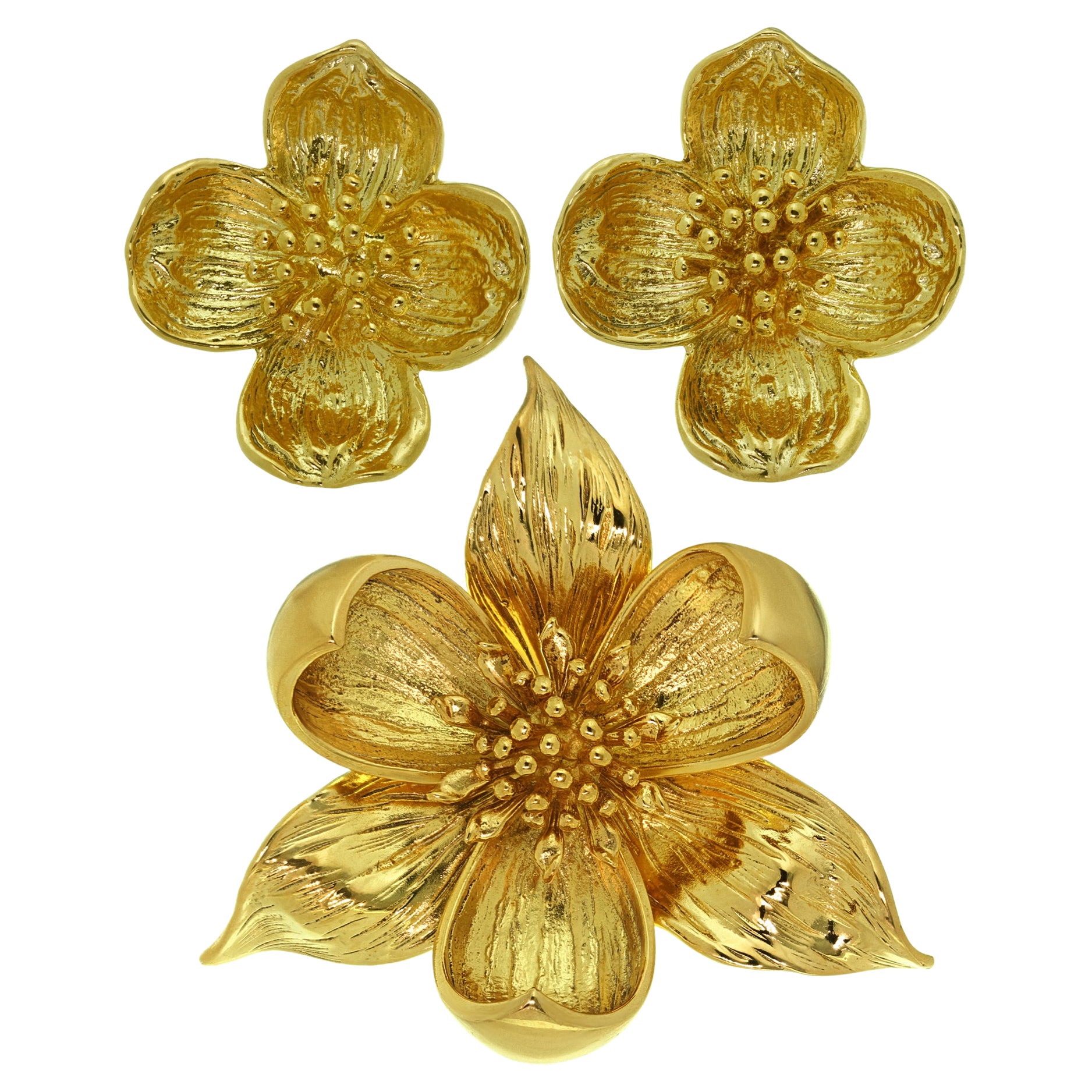Tiffany & Co. Dogwood Flower Sterling Silver Gold Plated Earrings & Brooch Set