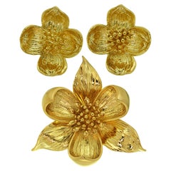 Vintage Tiffany & Co. Dogwood Flower Sterling Silver Gold Plated Earrings & Brooch Set