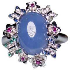 Type A Natural Purplish Blue Jadeite Jade and Diamond Ring in 18k White Gold