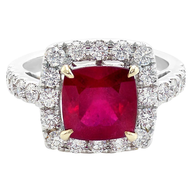 For Sale:  Mozambique Pigeon Blood Cushion Cut Ruby Halo Diamond Engagement Ring