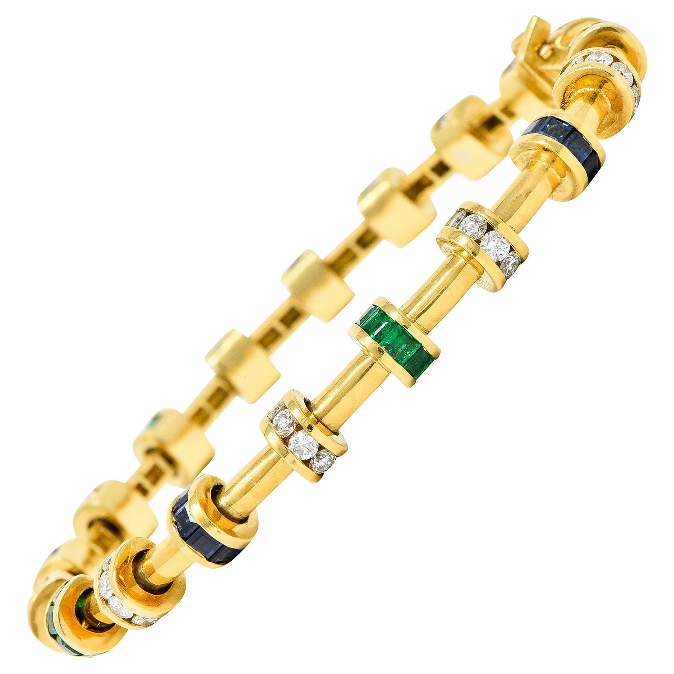 Charles Krypell 5.50 Carats Diamond Sapphire Emerald 18 Karat Gold Link Bracelet