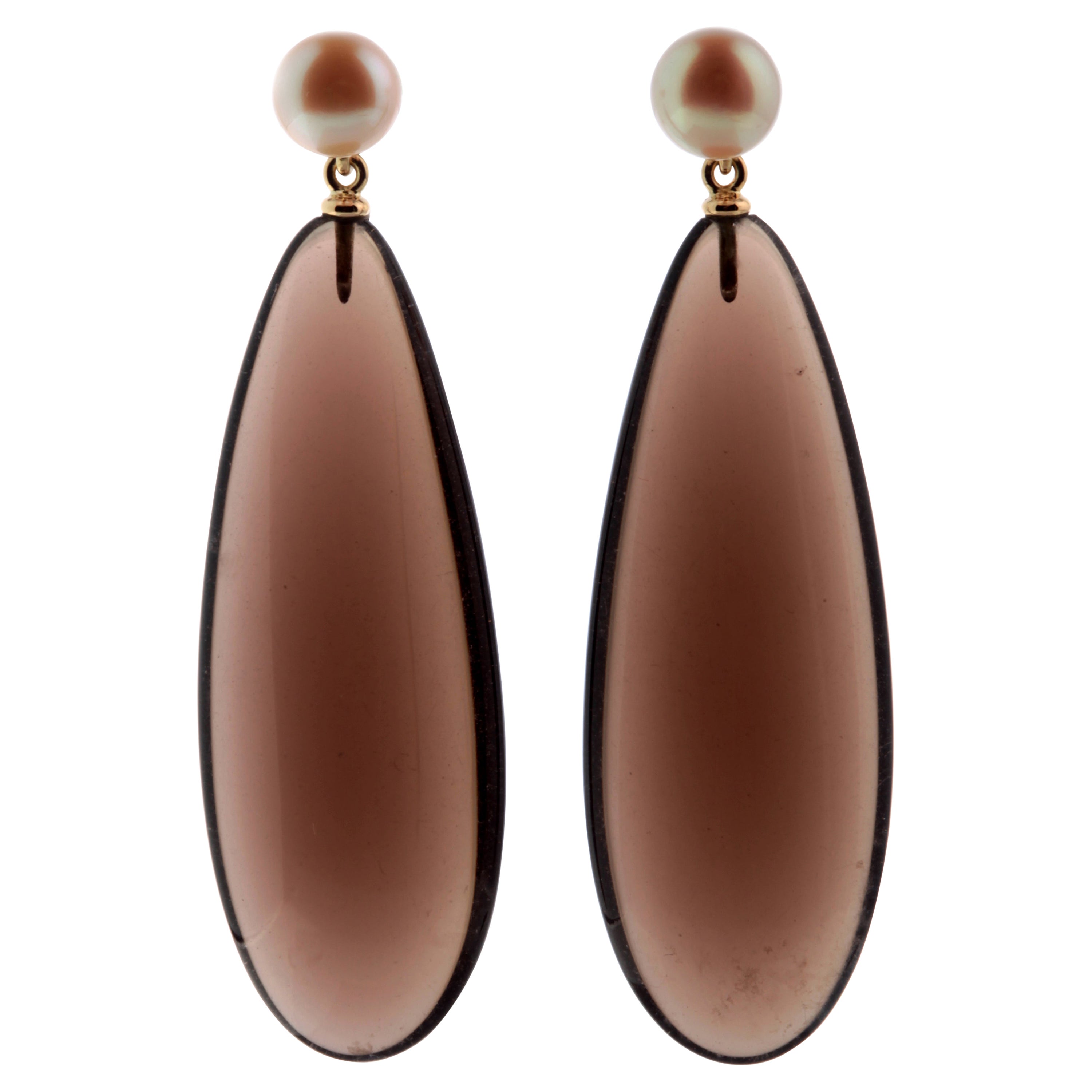 Intini Jewels 18 Karat Gold Brown Natural Agate Pearl Drop Vintage Chic Earrings For Sale