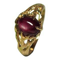 Ruby Gold Ring Cabochon Dark Cherry Red Natural Stone Unisex