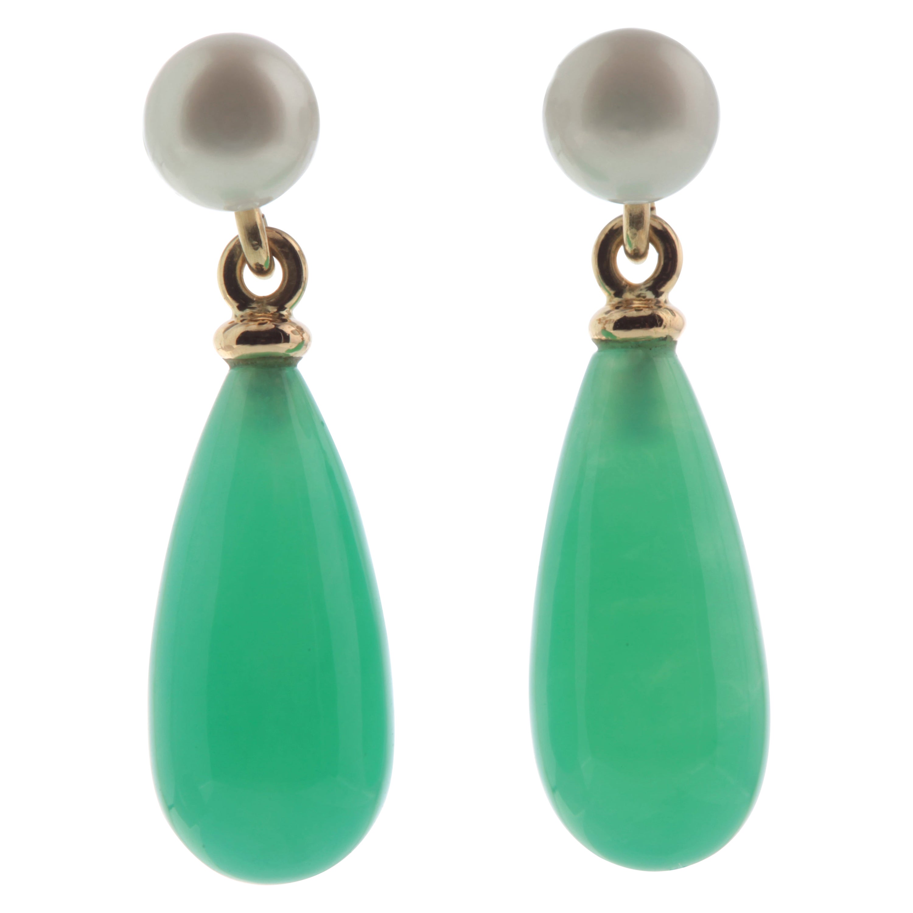 Chrysophrase Green 18 Karat Gold Pearl Tear Drop Modern Cocktail Chic Earrings For Sale