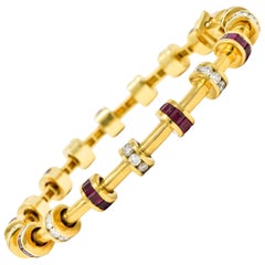 Charles Krypell 6.00 Carats Diamond Ruby 18 Karat Gold Barrel Link Bracelet