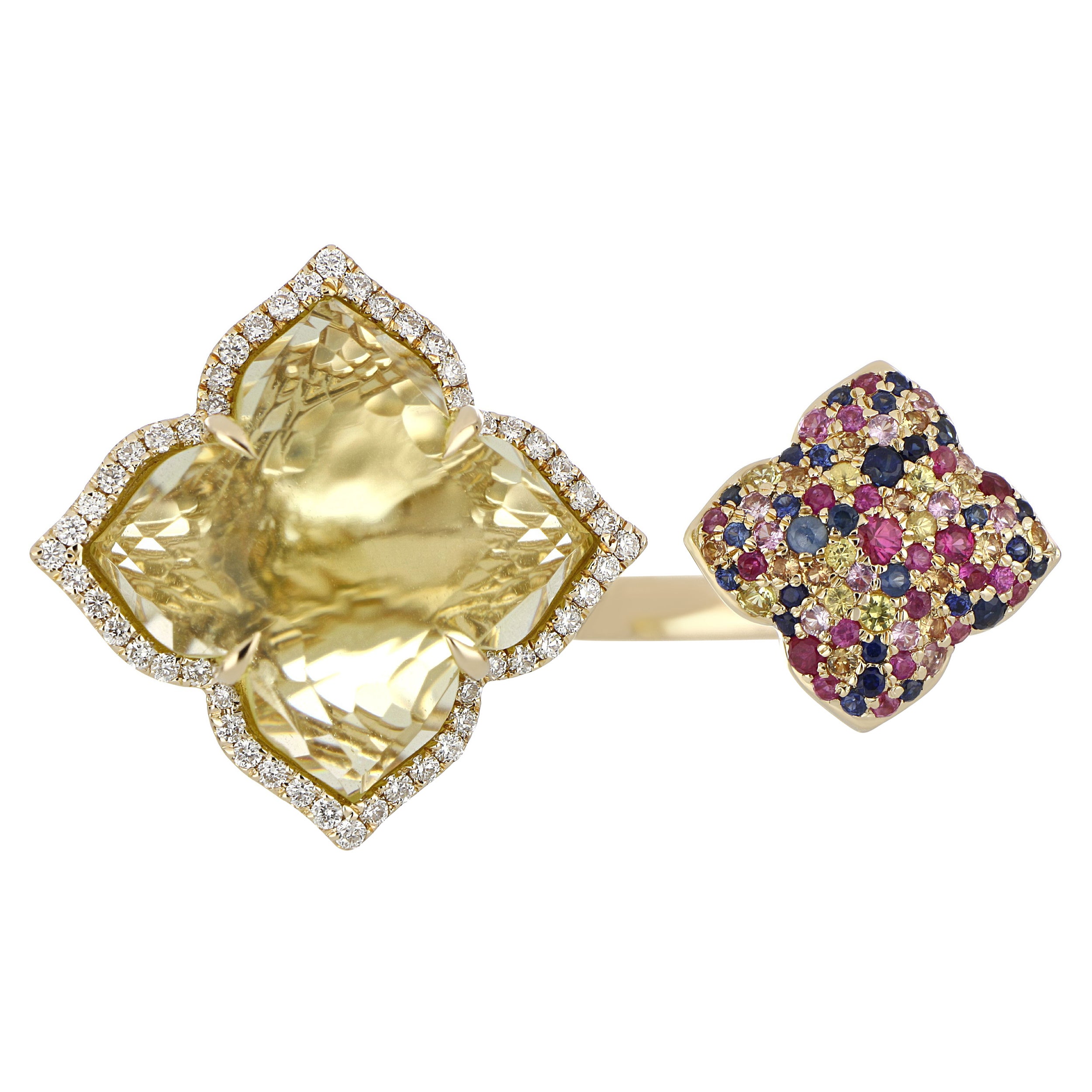 For Sale:  Lemon Quartz, Multi Sapphire and Diamond Studded Ring 14 Karat Yellow Gold