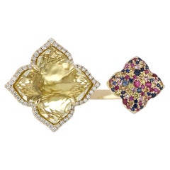 Lemon Quartz, Multi Sapphire and Diamond Studded Ring 14 Karat Yellow Gold