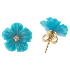 18 Karat Gold Turquoise Diamond Flower Handmade Italian Girl Stud Blue Earrings