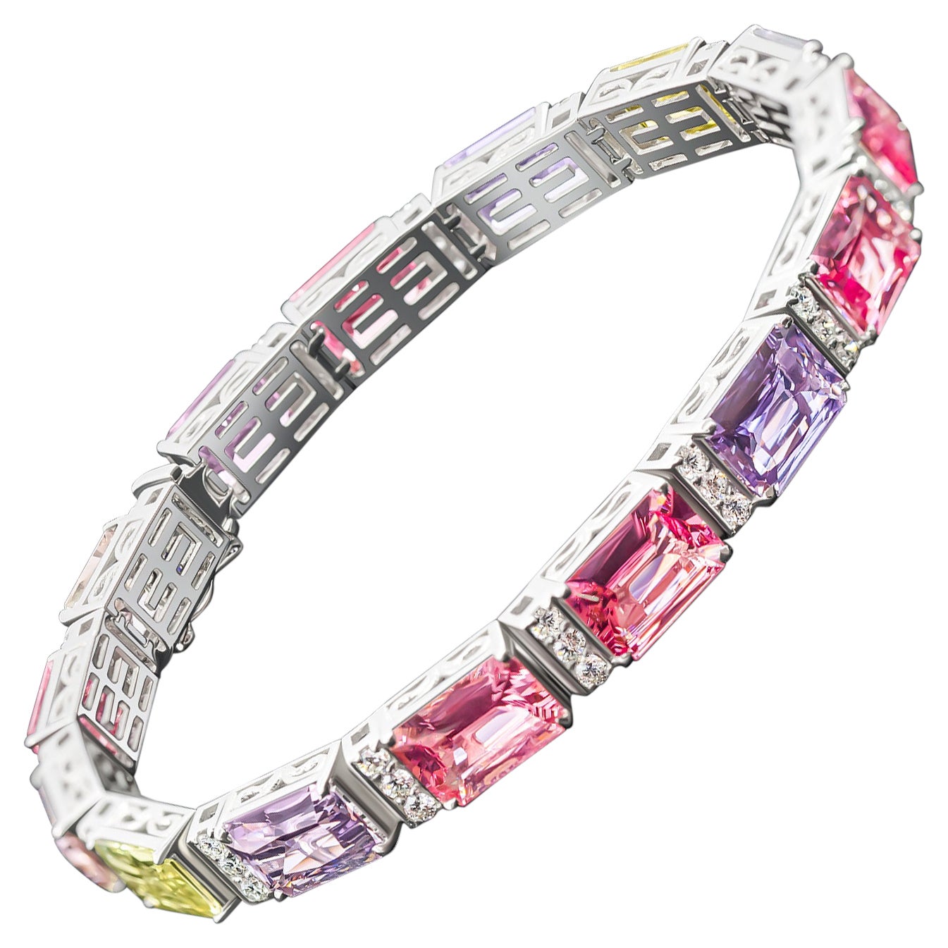 Multi Color Spinels&Sapphires Bracelet, 18k White Gold & Multi Color Spinel 