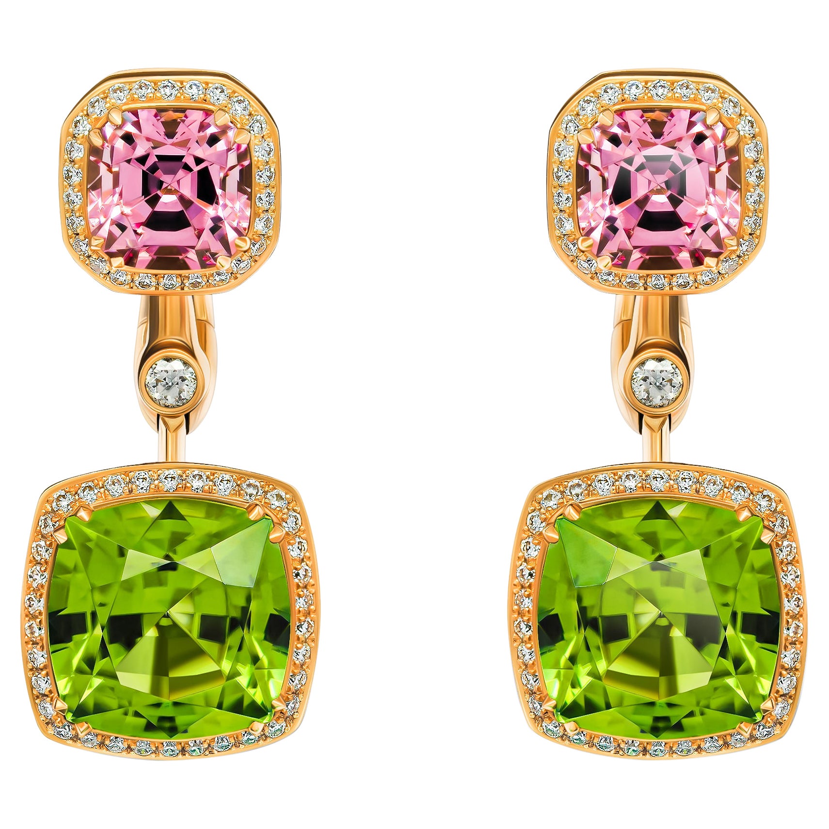 Green Peridots & Pink Spinels Earrings, 18k Yellow Gold Diamonds Earrings