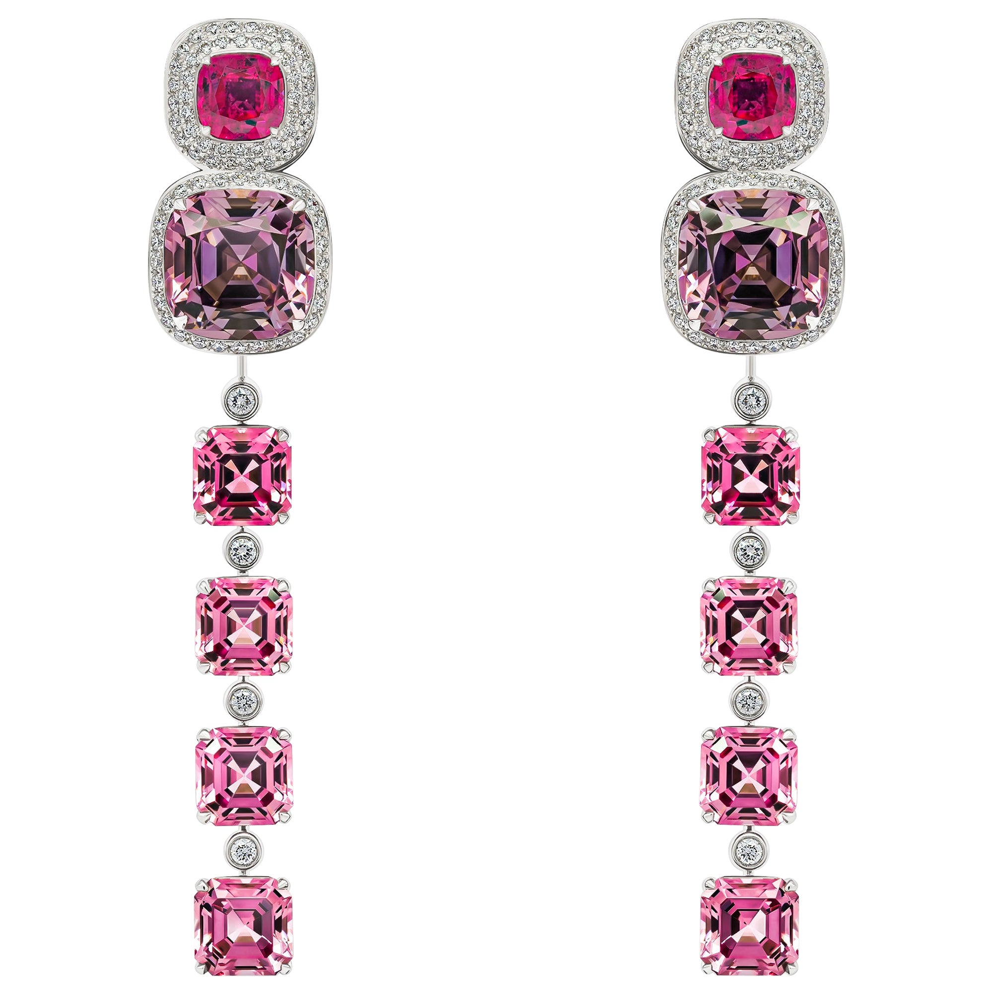 Rubies & Spinels Transformer Earrings, 18k White Gold Diamonds Rubies & Spinels For Sale