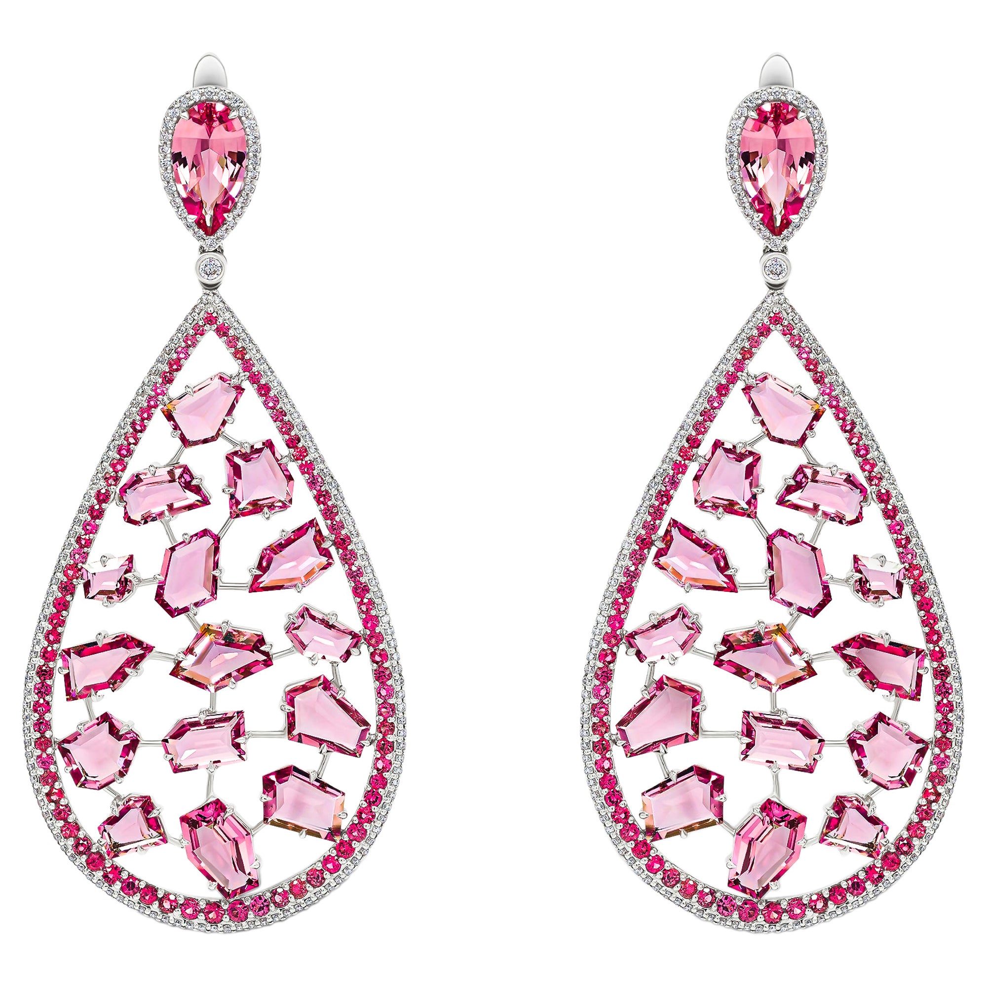 Drop Pink & Red Spinels Earrings, 18k White Gold For Sale